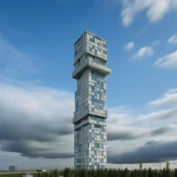 A pale blue tower in the cloudy sky designed in Ica stones painted by Gustave Courbet