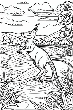 Illustrate a vibrant scene of a kangaroo hopping happily across the Australian outback, clean line art, white background, no shadows, black and white coloring book.
