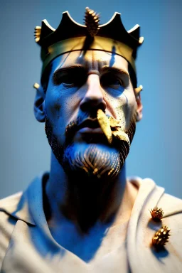 Ultra Realistic image, Roman sculpture, white marble material, Lionel Messi, gold crown of natural thorns, god crown, Miguel Angel style, sun rays background, waist up portrait, epic, celestial, cinematic lighting, God lights, 4k resolution, smooth details, soft lighting, unreal engine 5, art station, substance 3d.