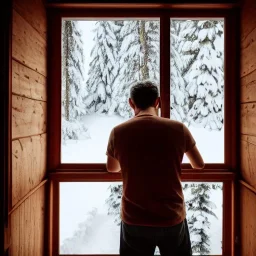 Man looking outside the window of a Hutte, 8k, HD, cinematography, photorealistic, Cinematic, Color Grading, Ultra-Wide Angle, Depth of Field, hyper-detailed, beautifully color-coded, insane details, intricate details, beautifully color graded, Cinematic, Color Grading, Editorial Photography, Depth of Field, DOF, White Balance, 32k, Super-Resolution, Megapixel, ProPhoto RGB, VR