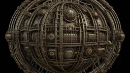 steampunk sphere with tubes, pipes, and wires floating in deep space, detailed