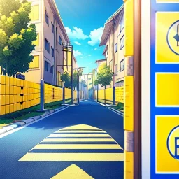 yellow brick road, road signs, arrows, direction, anime girl walking, detail on the girl walking down the yellow brick road,