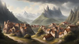 Mountainous landscape with a medieval town in the background, inspired by middle earth, realistic