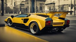 yellow sport car, big wheels, old model, lambo countach influence