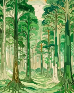 A green forest with giant trees designed in Chinese paper art painted by Edvard Munch