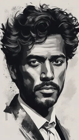 chiaroscuro portrait illustration of Marlin Moreno in the style of threadbare abstract expressionism, ebony , black, and pewter , vintage abstract cut-and-paste, ricoh gr iii, editorial illustrations, fine lines, highly detailed hair and facial features