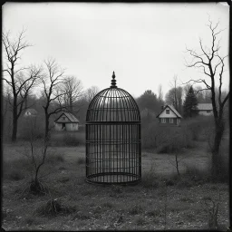 A landscape with odd cage, black and white old photo, dystopic atmosphere, trees, some odd houses, George Grosz