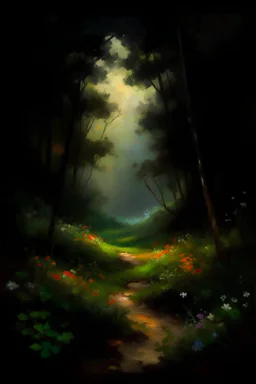 OP • 7h ago fantasy, medieval painting, moody landscape in a forest setting, overgrown flowers thick brushstokes, impressionist style