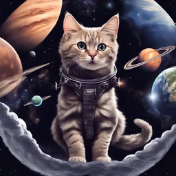 cats with wings. cat with wings. flying in space. in universe. planets photographic. cat has wings on back.
