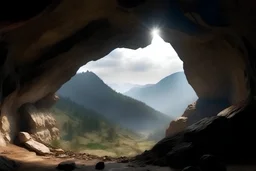 large cave opening in the mountains