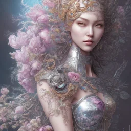 fantasy magic, intricate, sharp focus, illustration, highly detailed, digital painting, concept art, artgerm and paul lewin and kehinde wiley, masterpiece sexy lips smile Asian lady body flowers head silver bright rain lady outer space pretty, pink blue