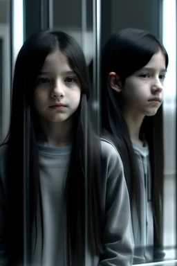 A girl and a boy separated by a glass wall The girl has long black hair Photorealistic