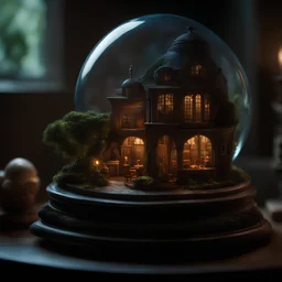 An elaborate miniature interior landscape, veiled in enigmatic twilight shadows, showcasing intricate details reminiscent of a secretive glass globe. cinematic, epic realism,8K, highly detailed, pixar animation style, lifestyle photography, candid, realistic, epic realism, rich textures, wide shot, sharp focus, high detail, 4k, masterpiece, photo, digital art, fantasy, the dark crystal movie style