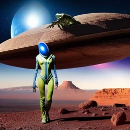 Wide view Alien creature from mars holding a gun