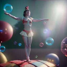 Ultra realistic circus scene. Classic acrobat woman, waist up view, Wes Anderson style, happy, bubbles, highly detailed, concept art, unreal engine 5, god rays, ray tracing, RTX, lumen lighting, ultra detail, volumetric lighting, 3d, finely drawn, high definition, high resolution.