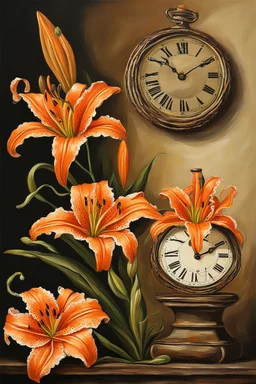 Orange Tiger Lily Flower Oil Painting With Clock