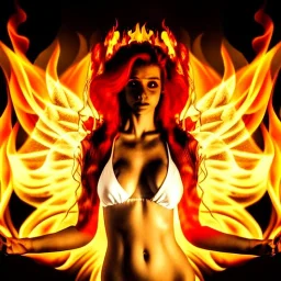 woman made of fire, fire angel, fire clothes, full body portrait, long flowing hair, only wearing bikini made of fire, highly detailed, real life photo, photo quality, extremely detailed, high quality, standing in fire, highly detailed face with makeup