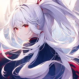 girl, masterpiece, best quality, volumetric lighting, detailed outfit, perfect eyes, white hair, long hair, vibrant red eyes, ponytail, messy hair, looking back at you,