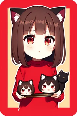 a headshot of a woman with long brown hair, red eyes, with a 'bad girl' vibe, brown cat ears, wearing black and red casual clothes, ((Chibi anime doll style)), splash art background, intricately detailed