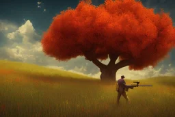 A tree,on a valley,blue deep sky, Colourful meadow,and a man in red with a gun like a heist,details,texture,8k quality, 100 meters snapshot, Expressionism