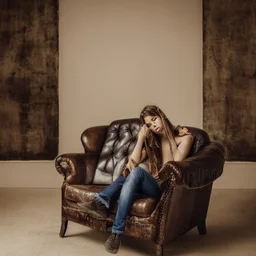 photography national geographic style girl sits on leather armchair.