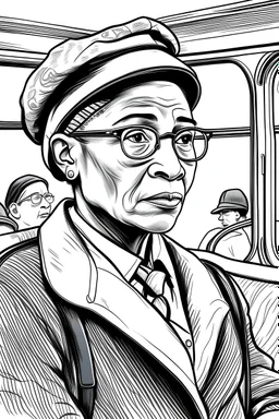 A depiction of Rosa Parks courageously sitting on a bus seat, with a respectful but firm expression. The bus driver and other passengers should be visible in the background coloring pages