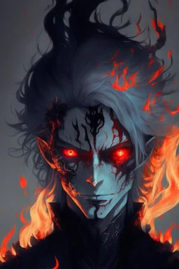 Anime with wight hair and black clothes and power fire and eyes of sharengan and good face and blood in face