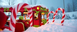 buss driving through a hollow candy cane tube filles with green slime