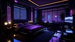 Cyberpunk luxury huge bedroom. Detailed. Rendered in Unity. Black and purple lighting. Holograms. add a sakura tree into the room. Add a japanese katana in the wall and a gaming pc, samurai armor, cyberpunk big city, huge window, night, purple plum curtain, gold accessory, purple led