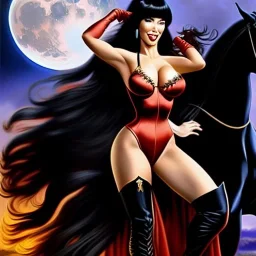 Ultra detailed fullbody Portrait in oil on canvas of beautiful busty Vampirella riding a Black Horse,extremely detailed digital painting, extremely detailed face, crystal clear eyes, mystical colors ,perfectly centered image, perfect composition, rim light, beautiful lighting,masterpiece ,8k, stunning scene, raytracing, anatomically correct, in the style of Steve Jung and robert e howard and Wizyakuza and Ohrai Noriyoshi and Simon Bisley and uncannyknack.