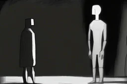 monochrome, cardboard figure on the left of the picture, stocky human figure with a head tilted to the left, almost no neck, no face or hair, schematic drawing, against a dark grey background with a symmetrical pattern, a lighter grey, almost monochrome, in moonlight, crayon drawing in shades of grey and black, ethereal, cinematic postprocessing