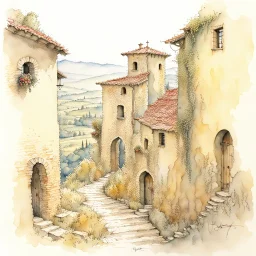 Tuscany landscape, by Jean-Baptiste Monge, watercolor and ink, intricate details, fantasy, beautiful, award winning, colorful, fantastic view, crisp quality, in sunshine