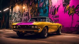 a car parked on the side of a street at night, a portrait, by Etienne Delessert, art photography, mustang, gold glow, miura, by emmanuel lubezki, brown and magenta color scheme, grunge aesthetic, graffiti tag wall background