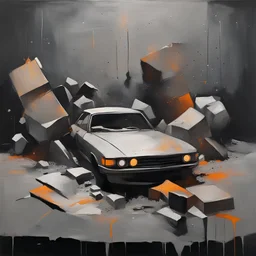 Minimal abstract oil paintings close up car parts and concrete fragments illuminated at night style of Justin Mortimer