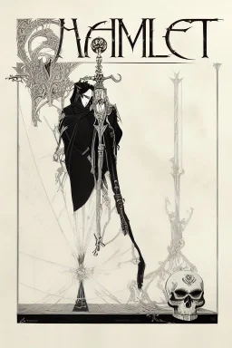 A shadowed hand holds a highly detailed, hand drawn skull, anatomically correct, with a crown hovering above, representation of Hamlet by John Austen, in the Aubrey Beardsley style, inspired by the gothic, macabre and fantastical, highly aesthetic, art nouveau design with striking black-and-white illustrations with hints of Red, Beardsleyesque, high quality, modern classical art, Hamlet Skull