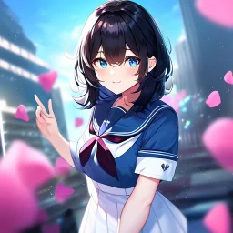 Clear focus,High resolution, Black short fluffy hair, and blue eyes, wearing a sailor uniform, pink hearts around her