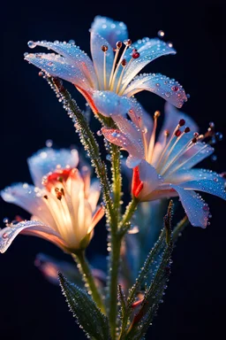 Morning Dew Serenity: Picture a delicate fluorescent glass blue-red flowers in the early morning light, adorned with glistening dewdrops. Sharp focus . Iridescent colors with intricate details. The tranquility of the scene mirrors the quiet strength that comes from embracing stillness and finding inspiration in the simplest moments.