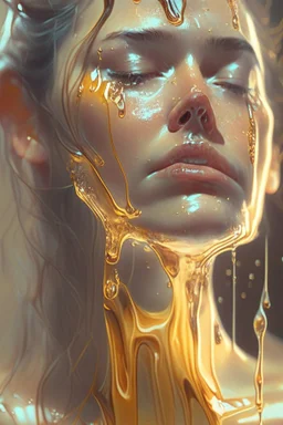 transparent Liquid honey dripping from woman face, photorealistic beautiful woman, light hair, full body, cover, hyperdetailed painting, luminism, Bar lighting, complex, 4k resolution concept art portrait by Greg Rutkowski, Artgerm, WLOP, Alphonse Mucha,