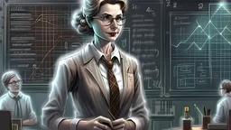 Create a realistic picture of an attractive woman scientist. She is standing in front of the blackboard. There are some Bayesian formulas written on the blackboard. She is lecturing in a classroom. It is set in the 50s; it is very realistic and aesthetically pleasing. Take a deep breath and use the uploaded image as a prompt.