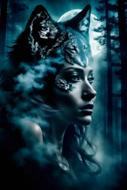 double exposure stunning woman-wolf hybrid portait, forest, moon, smoke, ultra-high detailed, deep dark colors, dark fantasy, intricate detail, cinematic, masterpiece, sharp focus, dark ethereal fantasy, hyperdetailed, atmospheric , dark surreal fantasy