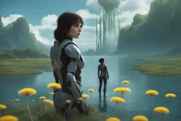 young woman in an android suit with dark hair, standing on the shore of an alien sea. Floating forests with dandelion tops in the distance