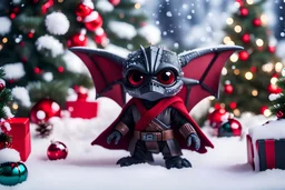 fluffy big eyed baby dragon sith lord , tie fighters on the background and christmas tree and sith gifts in snow, cinematic eye view