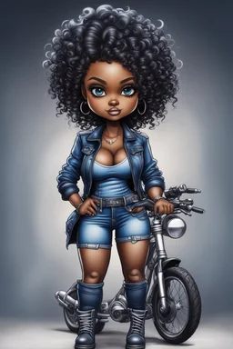 create an airbrush illustration of a chibi cartoon voluptuous black female wearing a blue jean outfit with biker boots. Prominent make up with hazel eyes. Extremely highly detail of black and blonde tight curly hair. Background of a bike show.