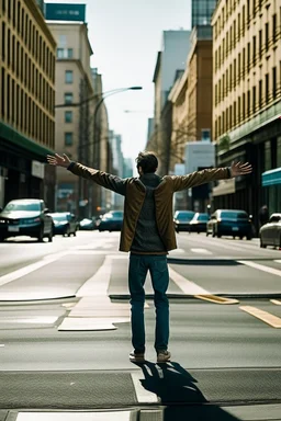 un hombre con los brazos abiertos en una calle de una ciudad. fotografía realizada con cámara Leica y objetivo de 50 mm. fotografía en color. Colores alegres