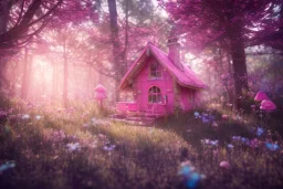 a cute pink and blue fairy house in the forest, spring time, mushrooms, 8k, flickering light, centered, high-quality, fine-detail, digital art, detailed matte, volumetric lighting, illustration, 3D octane render