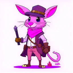 Create a cartoon illustration of a pink, furry creature with large ears and a long tail. The creature should be wearing a brown hat with goggles, a pink scarf, a pink jumpsuit, brown leather boots, and a brown leather belt with a pouch and a dagger. The creature should be standing with its right hand on its hip and its left hand holding a dagger. The creature should have a friendly expression on its face. The background should be white