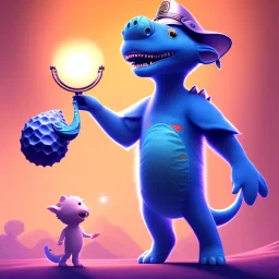 1yo little szymon is on safari onthe moon. petting a blue dinosaur. he has big binoculars and a funny hat. High detailed. Cinematic. Digital painting. Warm lights.