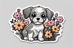 sticker cute dog in flowers on gray background