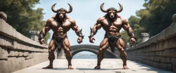 tip toe full body minotaur psionic master in threatening pose in swimsuit on stone bridge, front and back