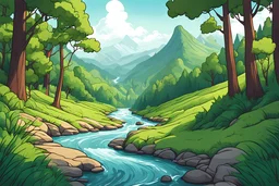 Create an landscape illustration of a lush, forested river valley, in the cartoon style of Scott Adams